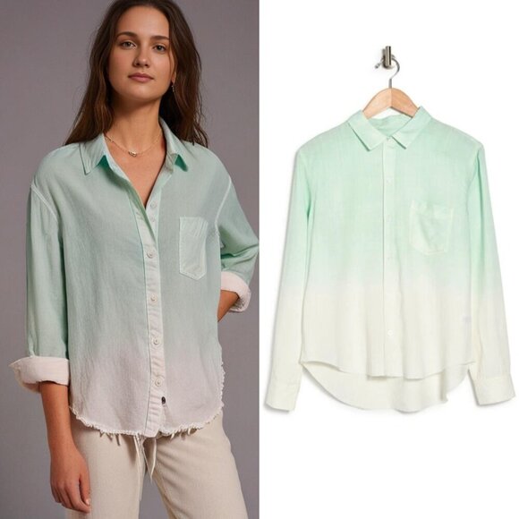 Rails Ingrid Dip Dye Mint Julep Linen Blend Button Up Shirt Lightweight Collared - Picture 1 of 13